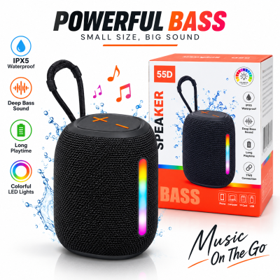 BS-55D Portable Wireless Bluetooth Speaker – Stereo Bass Sound, BT 5.3, RGB Lighting with 10 Modes, FM Radio, TF/AUX/USB & 1500mAh Battery for Indoor & Outdoor